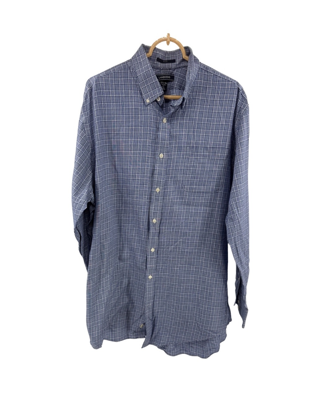 Lands' End Men's 17.5 Tall no iron blue White Windowpane plaid Button-Down Shirt